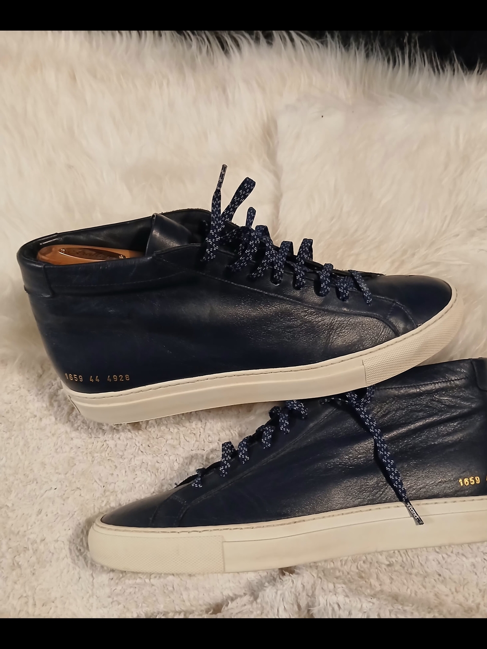 Common Projects Navy Leather Mid-Top Sneakers with White Sole